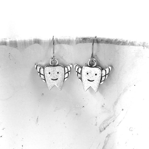 Miniature Tooth Teeth Angel Wings Dental Dentist Gift Charm Earrings - Picture 2 of 2